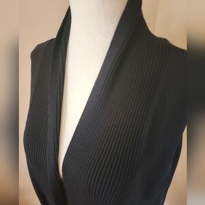 Black Silk Knit Sleeveless Open Front Cardigan Sweater Vest w/ Pockets Long Line